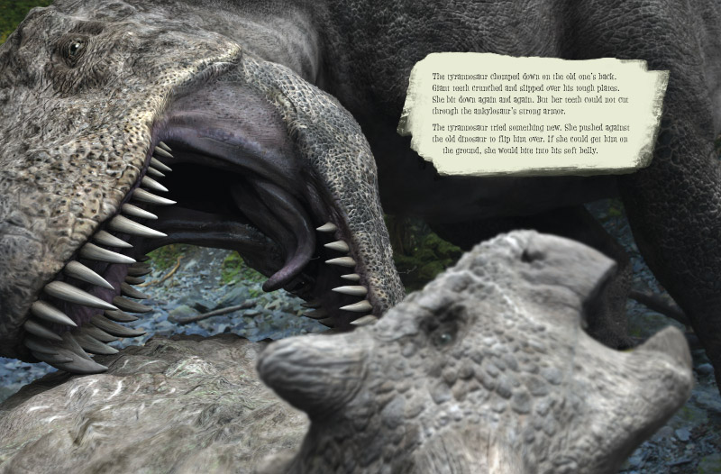 Two-page spread from Ankylosaur Attack, illustrated by Daniel Loxton with Jim W. W. Smith