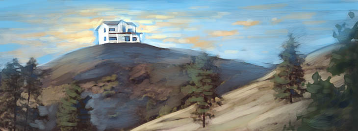 Digital painting of a white house on a hill