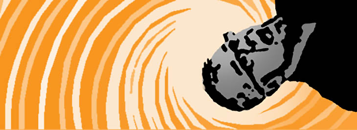 Abstract portrait of the author against orange spiral background, in reference to artwork for the film Vertigo